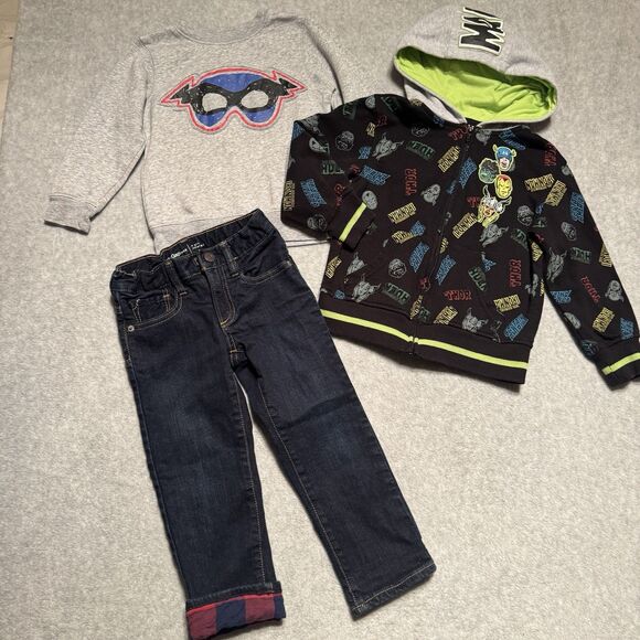 GAP Lined Jeans Boy 4T Bundle Marvel Hooded Sweater Super Hero Crewneck Pullover - Picture 1 of 9